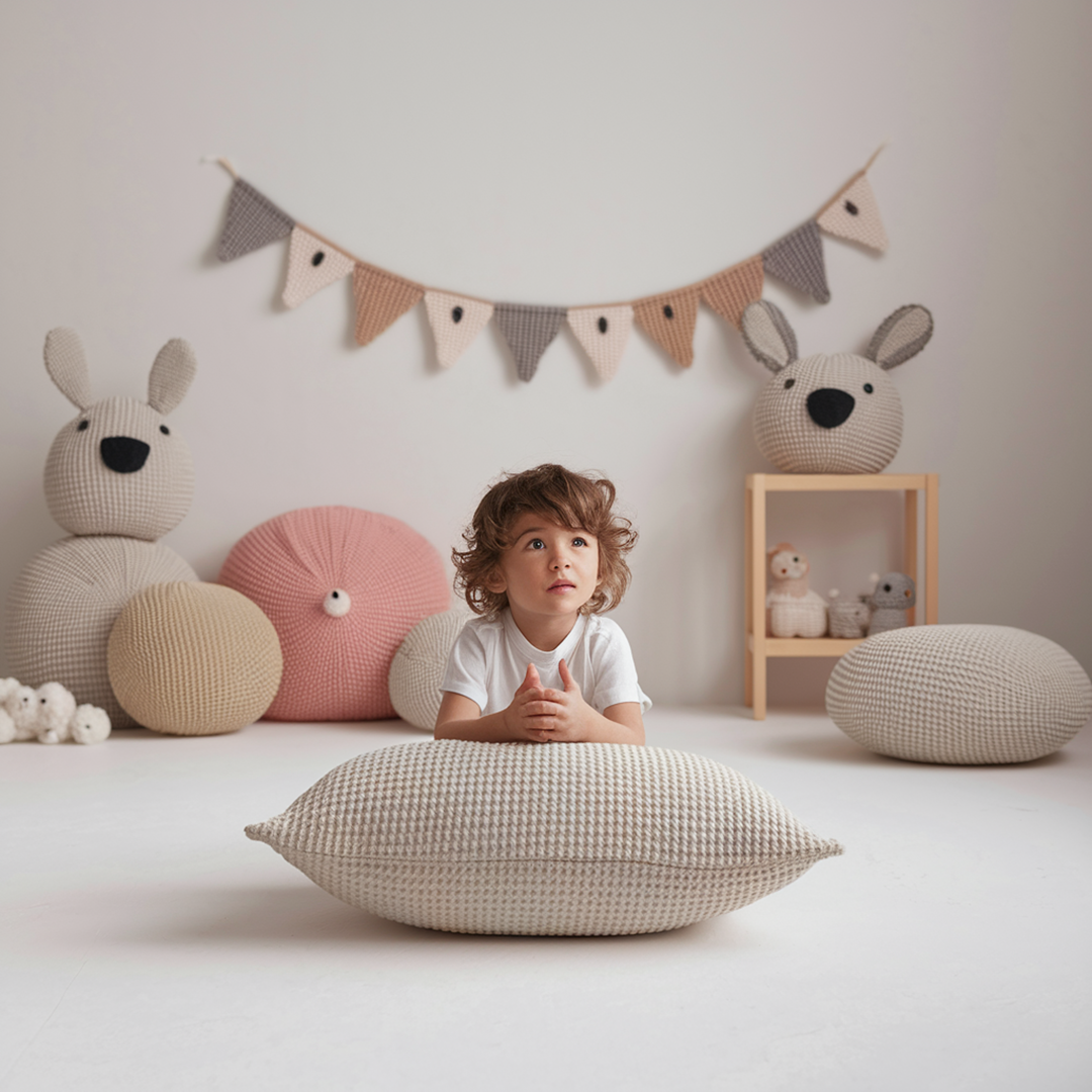 Almohadas, fundas de satén, mantas, muñecos de peluche y muñecos de trapo.