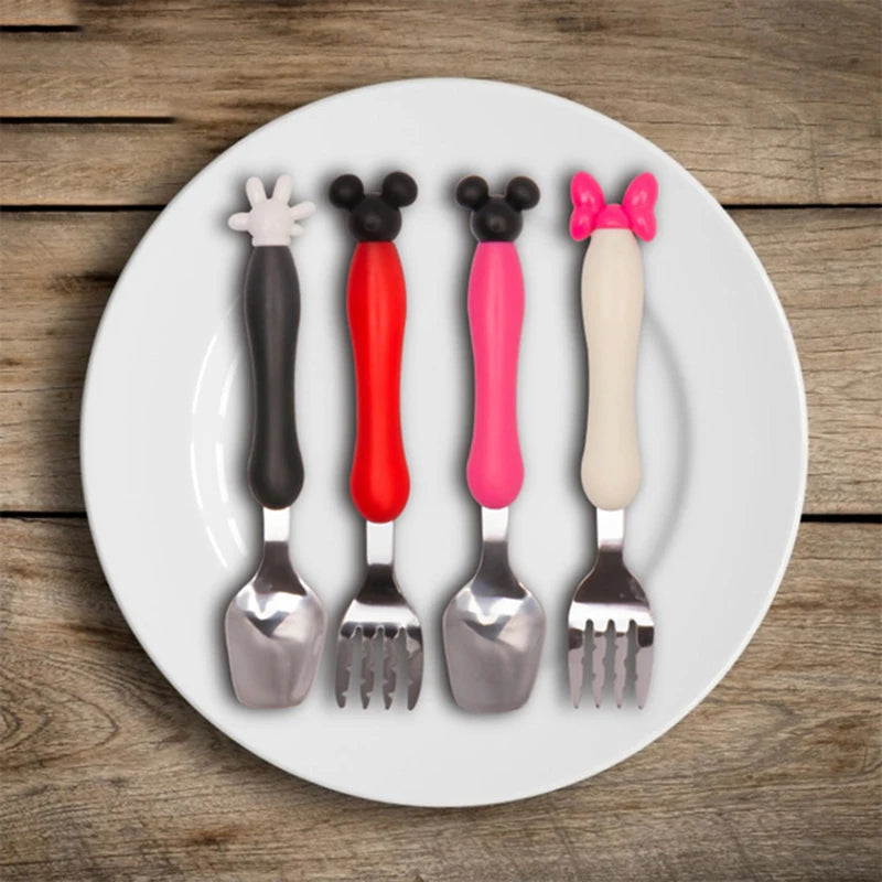 Juego de tenedor cuchara de Mickey de dibujos animados para niños, cuchara de alimentación de bebé, utensilios para comer de acero inoxidable, accesorios de cubiertos para bebés pequeños