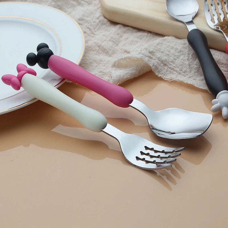 Juego de tenedor cuchara de Mickey de dibujos animados para niños, cuchara de alimentación de bebé, utensilios para comer de acero inoxidable, accesorios de cubiertos para bebés pequeños
