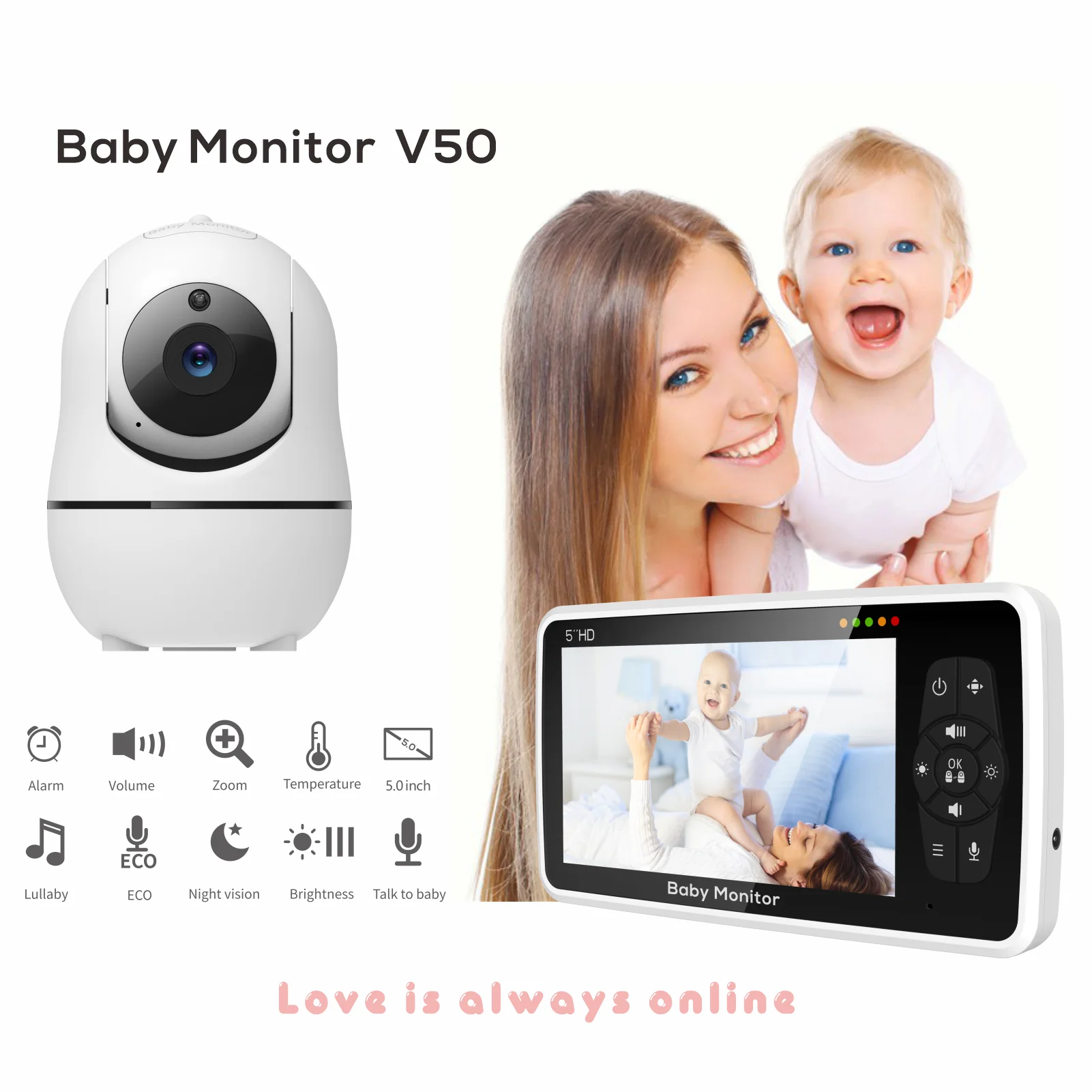 Monitor de Video para bebé de 5 pulgadas con dos cámaras y Audio, visión nocturna, Zoom 4X, rango de 1000 pies, Audio bidireccional, Sensor de temperatura, canciones de cuna