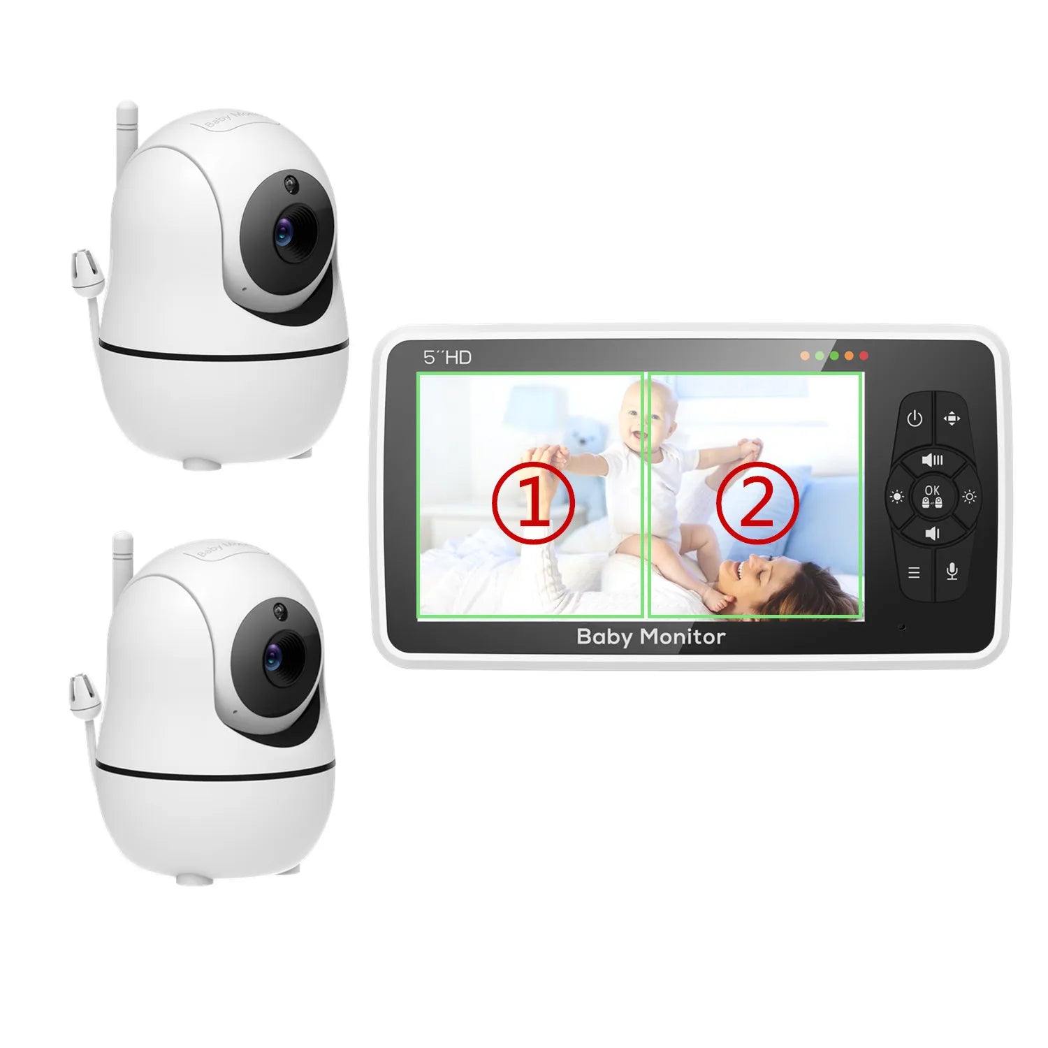 Monitor de Video para bebé de 5 pulgadas con dos cámaras y Audio, visión nocturna, Zoom 4X, rango de 1000 pies, Audio bidireccional, Sensor de temperatura, canciones de cuna