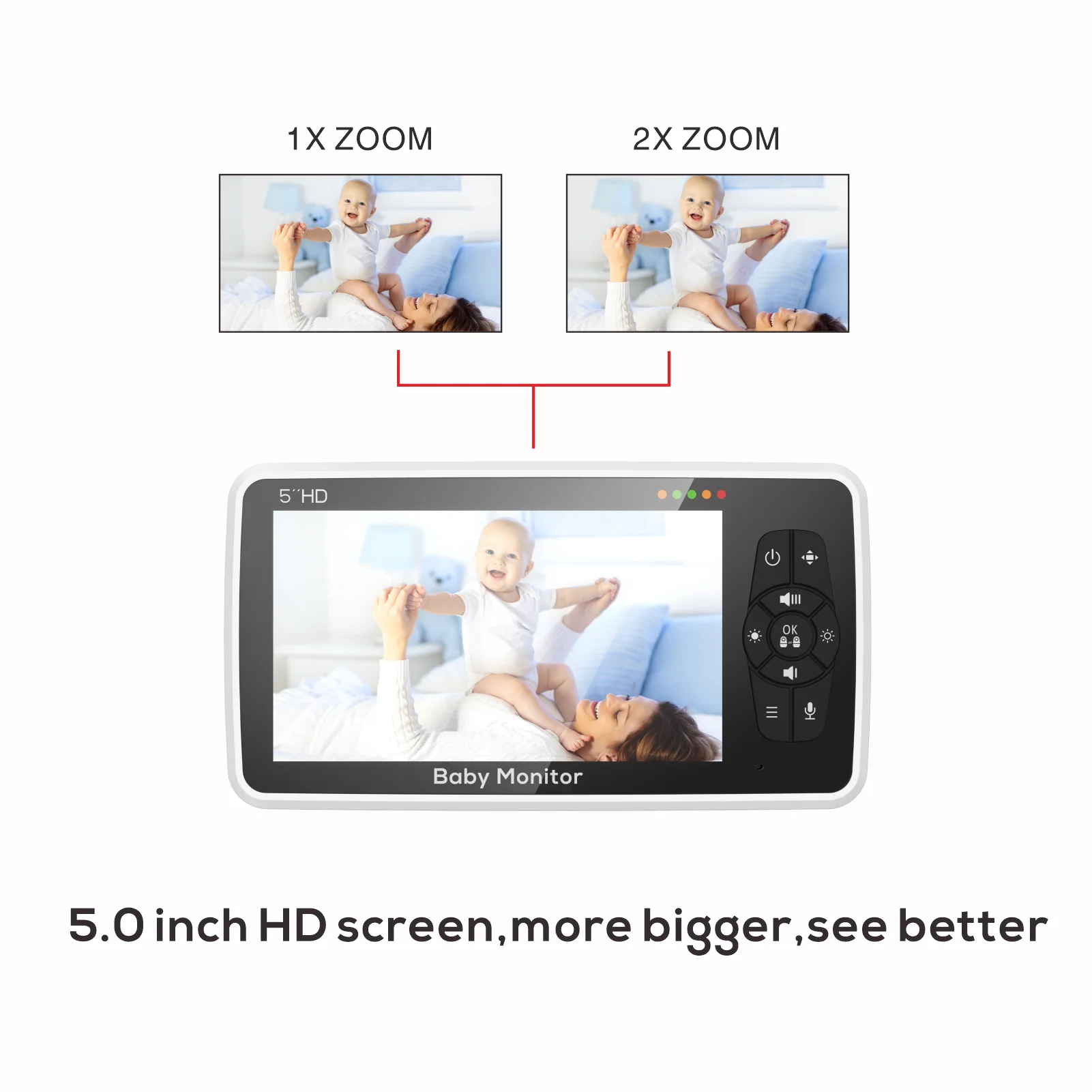 Monitor de Video para bebé de 5 pulgadas con dos cámaras y Audio, visión nocturna, Zoom 4X, rango de 1000 pies, Audio bidireccional, Sensor de temperatura, canciones de cuna