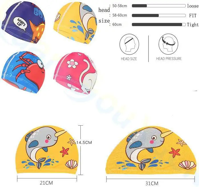 Gorro de natación para niños, bonito gorro de tela de dibujos animados para piscina, deportes acuáticos, protege las orejas, gorros de baño para niños y niñas
