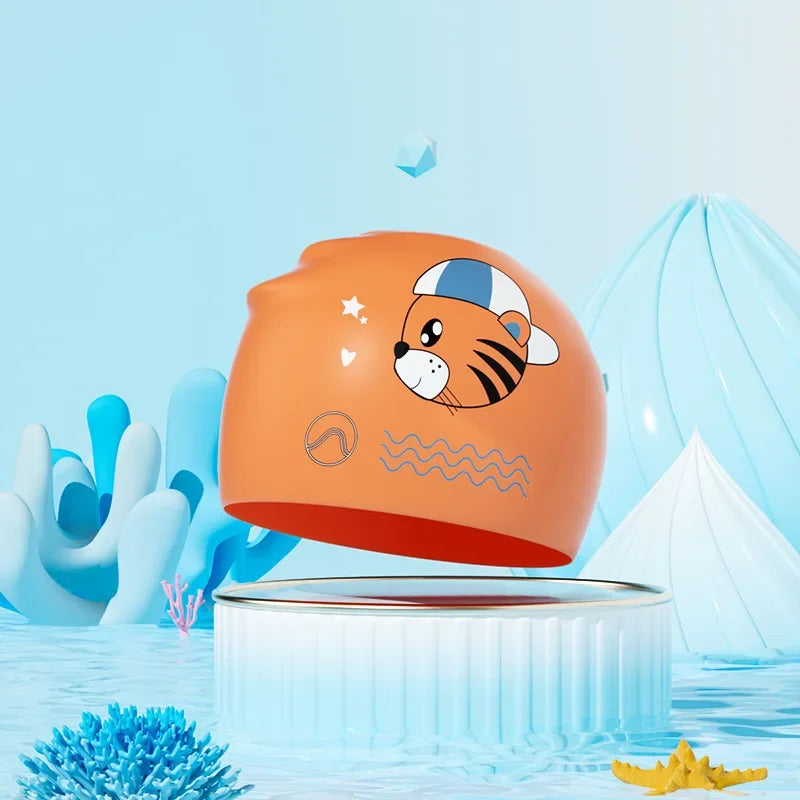Gorros de natación para niños, protección para los oídos, gorro de natación de silicona suave para niños y niñas, gorro de baño bonito de dibujos animados, accesorios para piscina