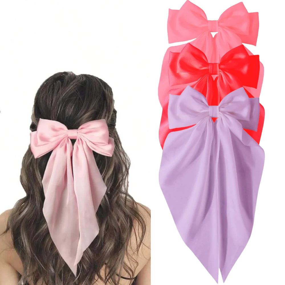 2/3/4/6/12 unids/set satén sedoso cinta con lazo de gran tamaño Clip para el cabello para mujeres pasadores Clips de Metal accesorios estéticos para el cabello