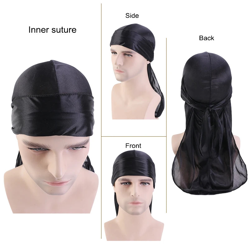 2 uds. Durags de satén sedoso para hombres, gorros de cola larga de diseñador, gorros de trapos Doo, gorros Du-rags para mujeres, corbata de satén de seda, gorro de trapos para ondas