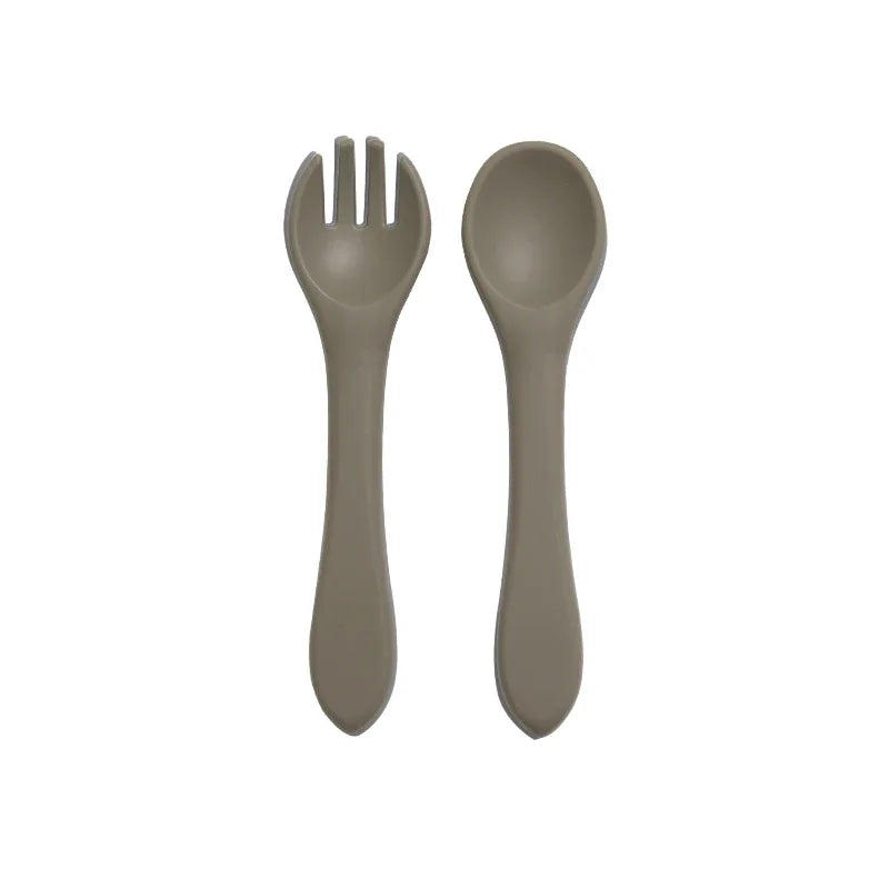 Juego de 2 unidades de tenedor cuchara de entrenamiento de bebé de silicona suave sin BPA, vajilla antideslizante de seguridad para niños, accesorios de alimentación para niños pequeños