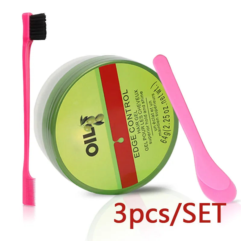 Cera de Control de bordes para mujer, Gel de Control de bordes de aceite de oliva con cepillo, cuchara, crema más suave para bordes de cabello de bebé, 2,25 Oz