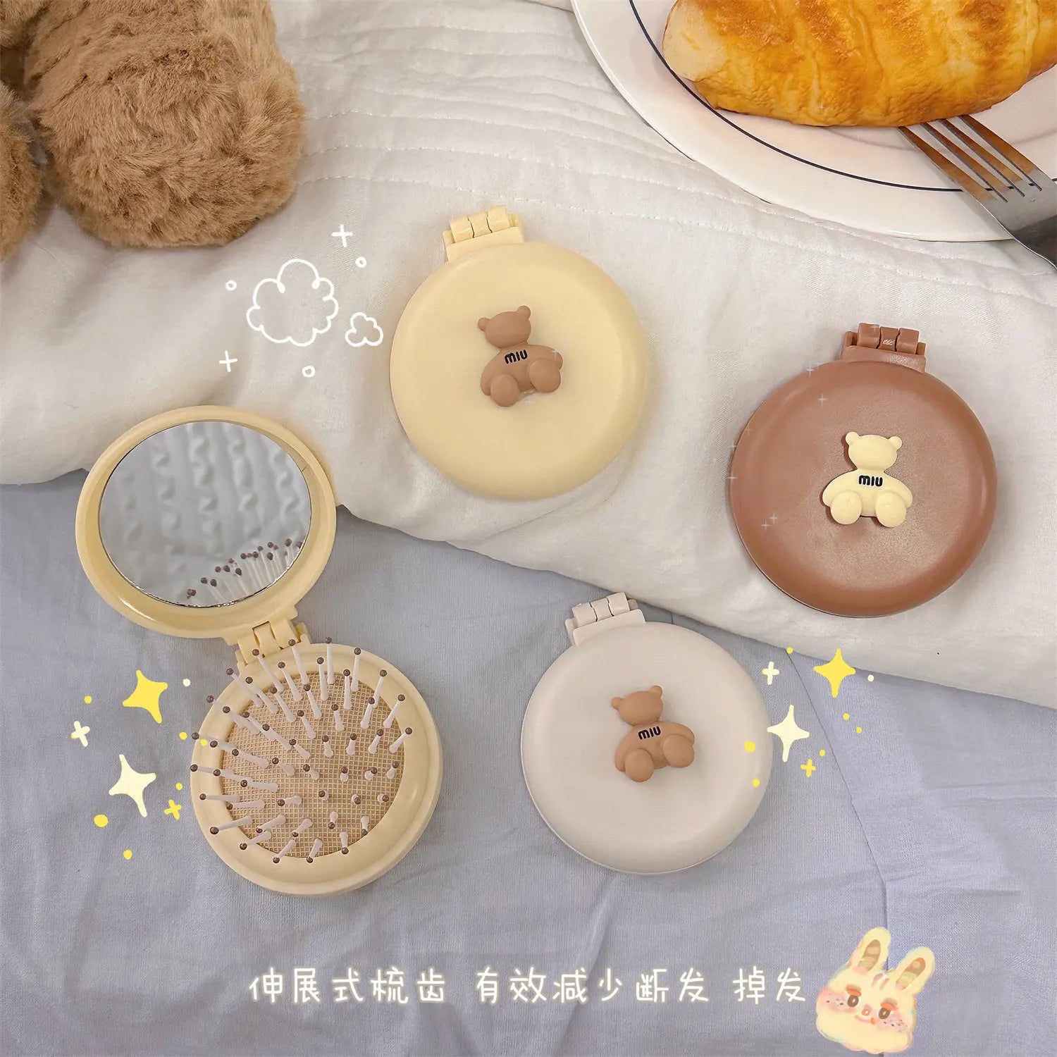 Peine de masaje plegable con espejo de maquillaje, bolsa de aire de plástico portátil para viaje, pequeño cepillo de pelo para niña, pajarita, cojín de aire