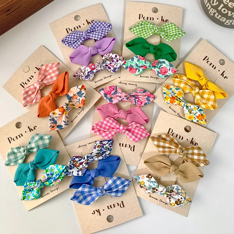 Conjunto de horquillas con lazos bonitos para niñas, flequillo Floral a cuadros, Clip para el cabello, accesorios coreanos para el cabello, tocado dulce para niños, 3 unids/lote