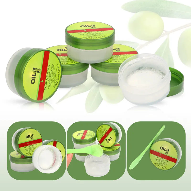 Cera de Control de bordes para mujer, Gel de Control de bordes de aceite de oliva con cepillo, cuchara, crema más suave para bordes de cabello de bebé, 2,25 Oz