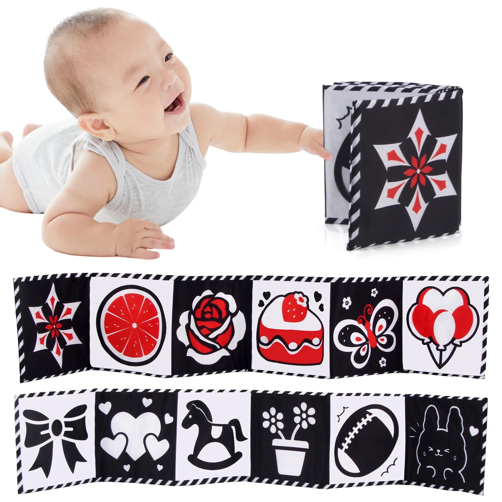 Libro de tela para bebé, juguetes de alto contraste para bebé de 0 a 36 meses, juguetes para cuna para recién nacido, libros de tela sensoriales de animales en blanco y negro, juguetes Montessori