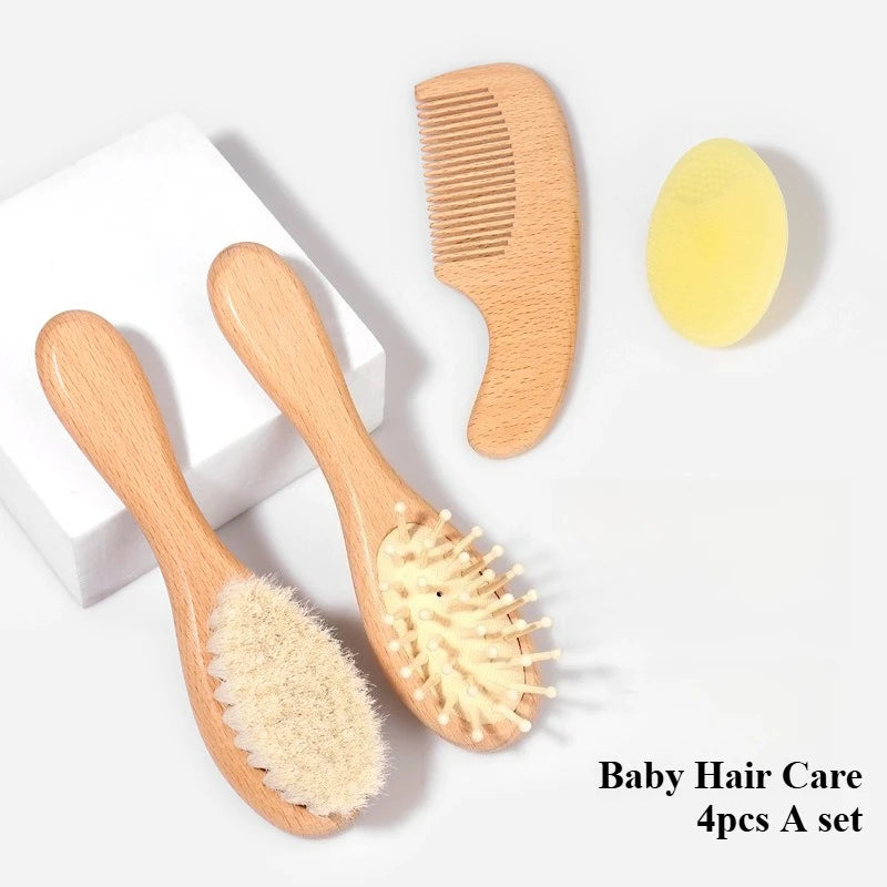 Juego de 4 Uds de cepillos y peines para bebé, cepillo de masaje de pelo de cabra Natural Ultra suave de madera para recién nacido, juego de peines para niño y niña
