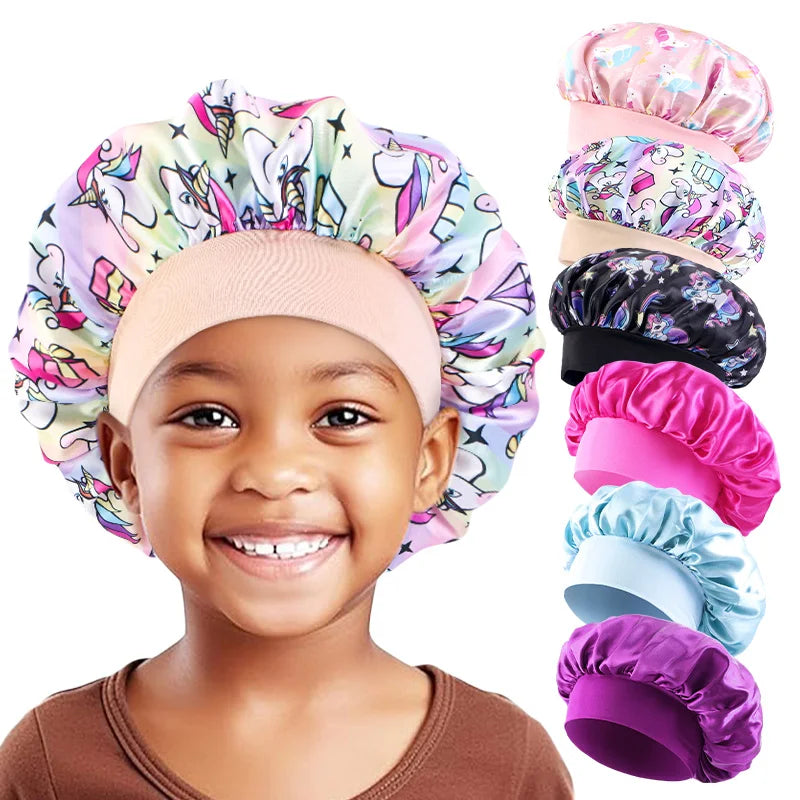 6 unids/lote gorro para niños lindo banda ancha elástico estampado de dibujos animados dormir moda gorro de dormir cuidado del cabello niños niñas gorro para dormir