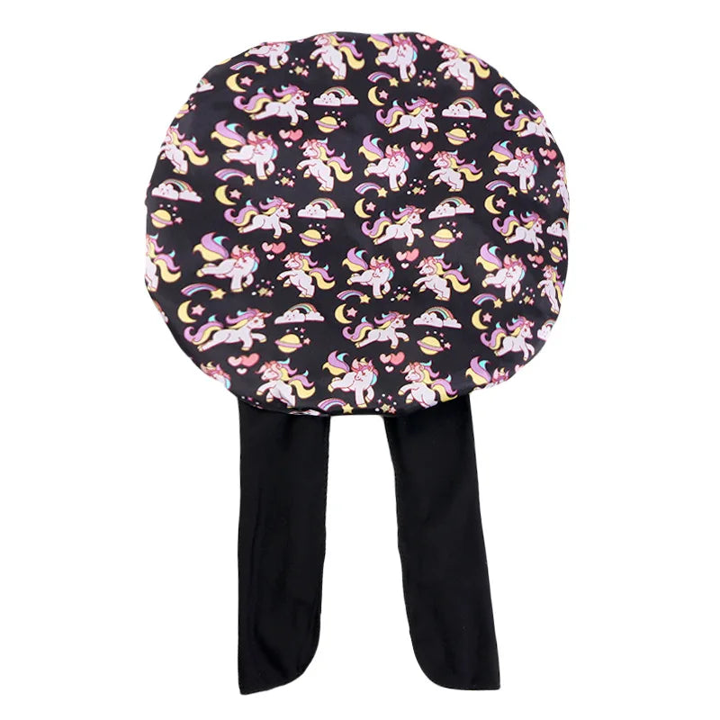 Gorro de dormir con estampado de dibujos animados de arcoíris, gorro de satén para dormir, cuidado del cabello de seda para bebés, gorro de cocina para niños, gorro de seda satinada para dormir en niños pequeños