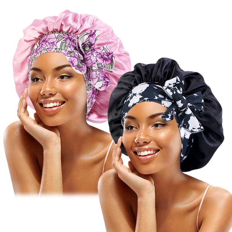 2 unids/lote, diadema con estampado bohemio, gorro de satén con cordones, gorro para el pelo con lazo, gorro elástico para dormir de noche, gorros de baño para ducha para mujer