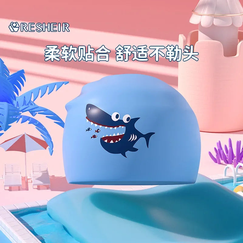 Gorros de natación para niños, protección para los oídos, gorro de natación de silicona suave para niños y niñas, gorro de baño bonito de dibujos animados, accesorios para piscina