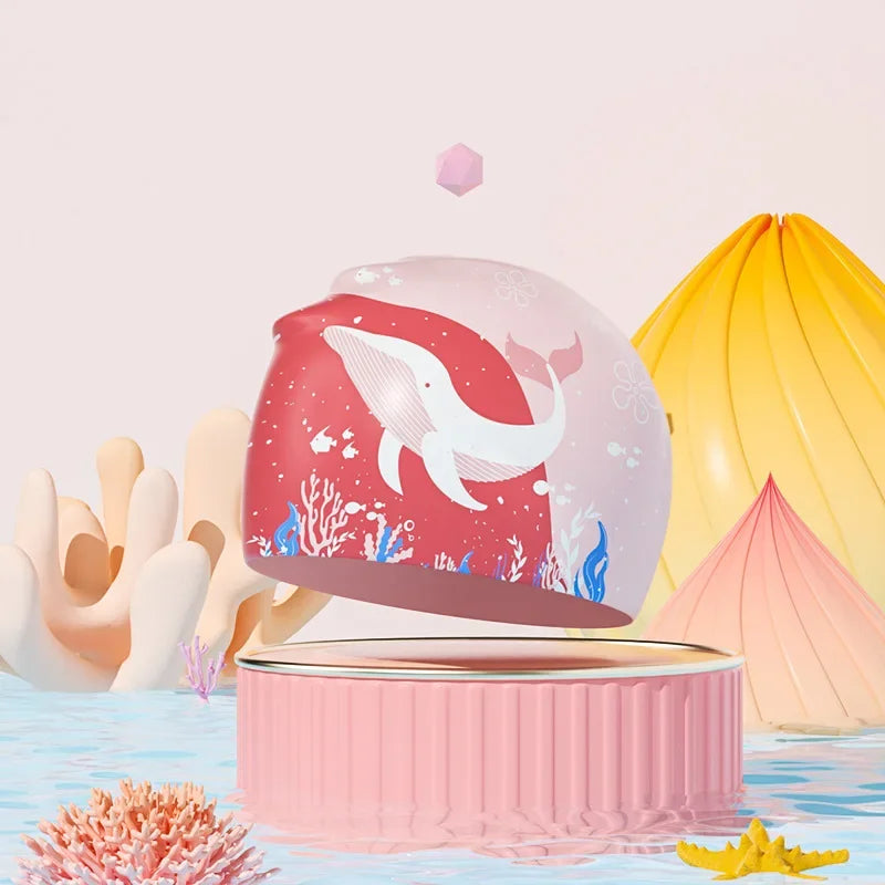 Gorros de natación para niños, protección para los oídos, gorro de natación de silicona suave para niños y niñas, gorro de baño bonito de dibujos animados, accesorios para piscina