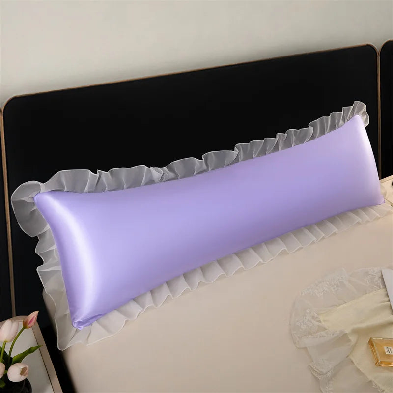 1pc Satin Silk Pillowcase with Ruffles 48x120/150/180cm Double Pillowcase Cover with Lace Smooth Long Pillow Sham for Summer