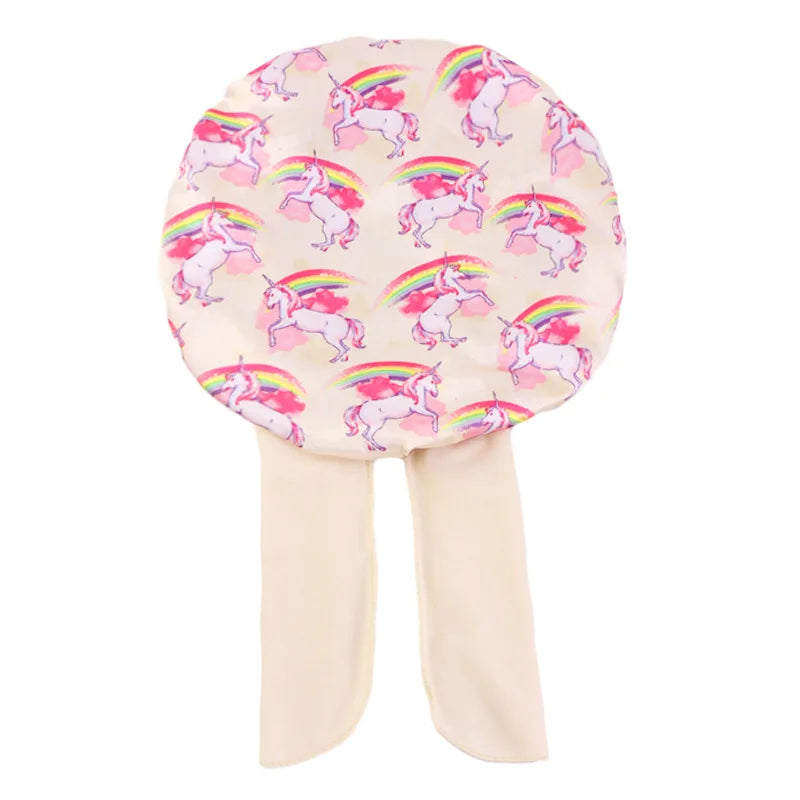 Gorro de dormir con estampado de dibujos animados de arcoíris, gorro de satén para dormir, cuidado del cabello de seda para bebés, gorro de cocina para niños, gorro de seda satinada para dormir en niños pequeños