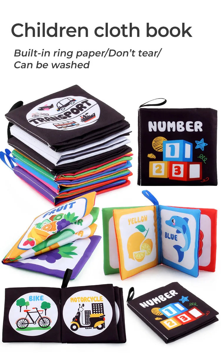 Libros de aprendizaje temprano de iluminación de 4 páginas, libro de tela blanco y negro para niños, juguetes educativos Montessori