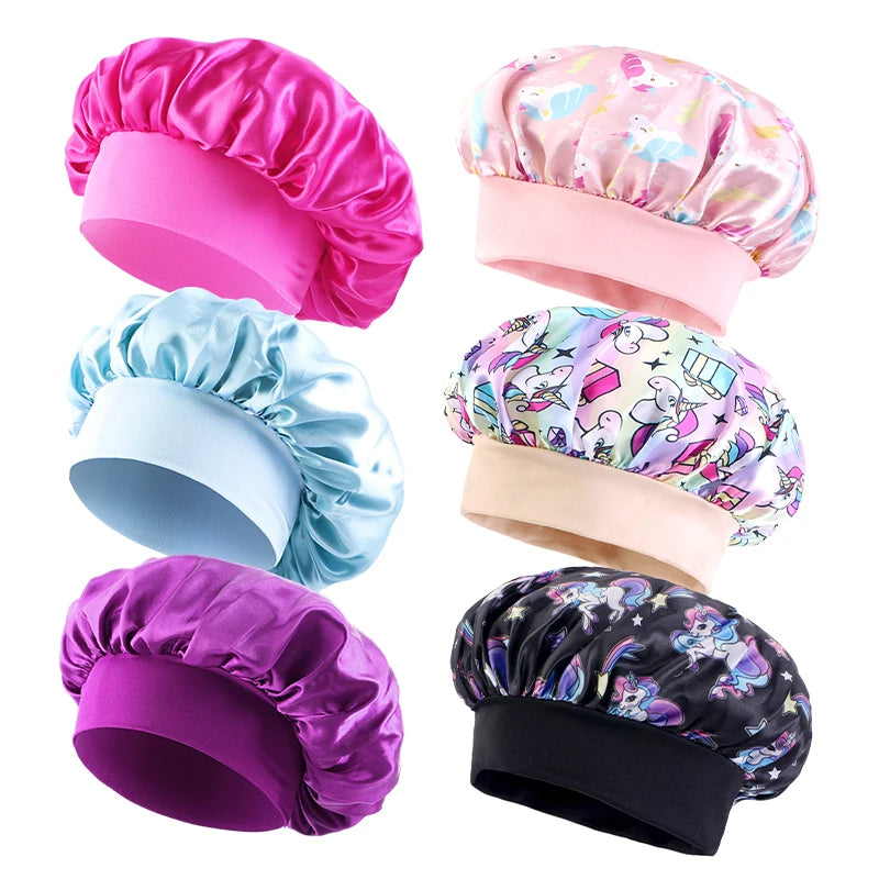 6 unids/lote gorro para niños lindo banda ancha elástico estampado de dibujos animados dormir moda gorro de dormir cuidado del cabello niños niñas gorro para dormir