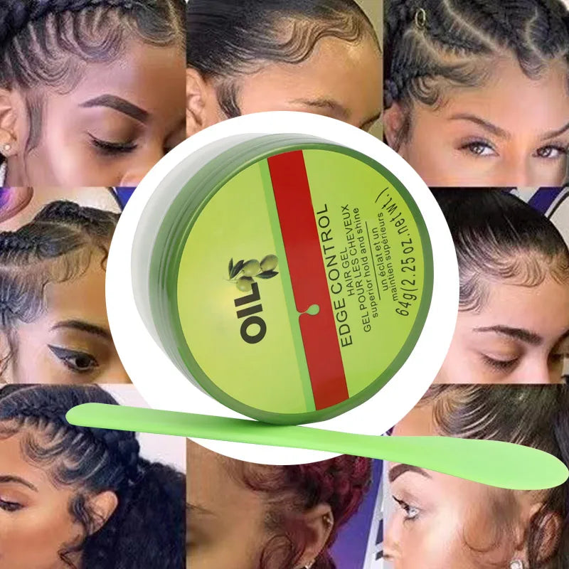 Cera de Control de bordes para mujer, Gel de Control de bordes de aceite de oliva con cepillo, cuchara, crema más suave para bordes de cabello de bebé, 2,25 Oz