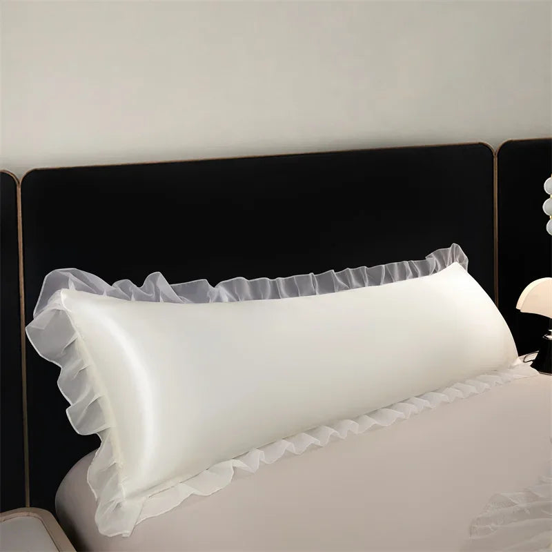 1pc Satin Silk Pillowcase with Ruffles 48x120/150/180cm Double Pillowcase Cover with Lace Smooth Long Pillow Sham for Summer