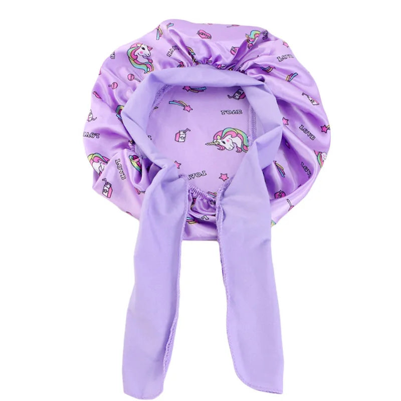 Gorro de dormir con estampado de dibujos animados de arcoíris, gorro de satén para dormir, cuidado del cabello de seda para bebés, gorro de cocina para niños, gorro de seda satinada para dormir en niños pequeños