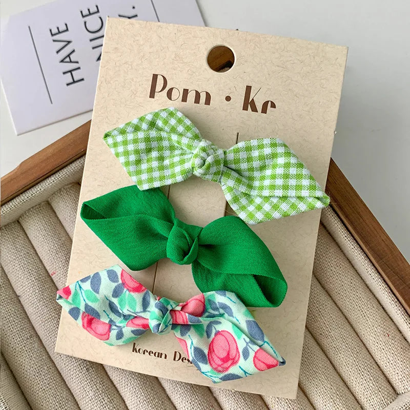 Conjunto de horquillas con lazos bonitos para niñas, flequillo Floral a cuadros, Clip para el cabello, accesorios coreanos para el cabello, tocado dulce para niños, 3 unids/lote