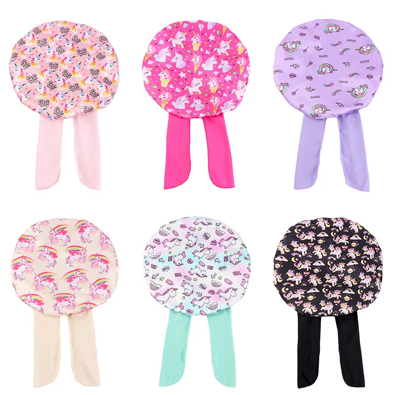 Gorro de dormir con estampado de dibujos animados de arcoíris, gorro de satén para dormir, cuidado del cabello de seda para bebés, gorro de cocina para niños, gorro de seda satinada para dormir en niños pequeños