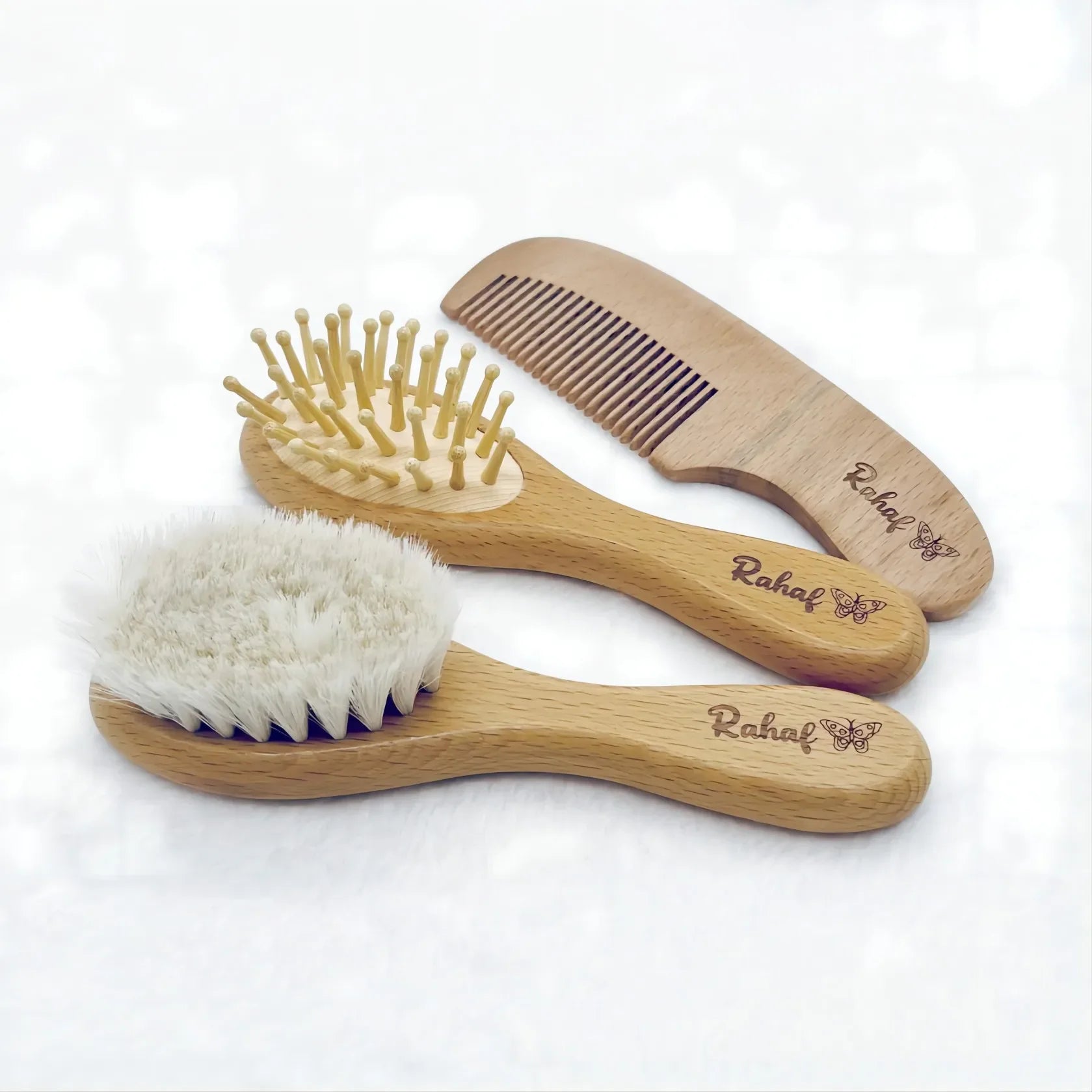 Cepillo de madera personalizado para bebé, peine de lana con nombre personalizado para bebé, cepillo para el pelo para recién nacido, masajeador de cabeza infantil, cepillo de baño, peine para niños
