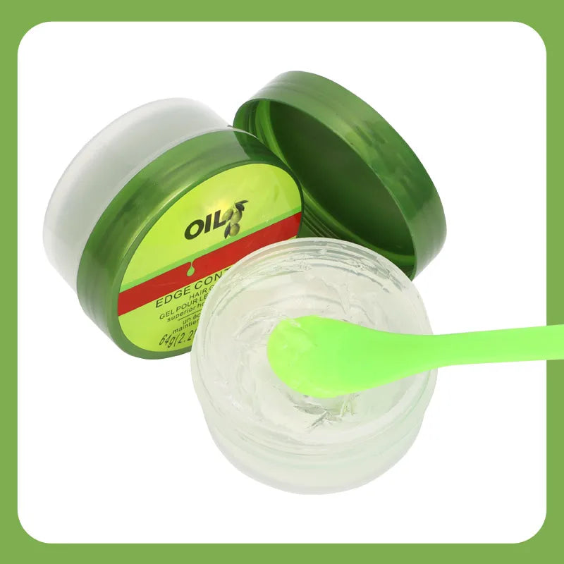 Cera de Control de bordes para mujer, Gel de Control de bordes de aceite de oliva con cepillo, cuchara, crema más suave para bordes de cabello de bebé, 2,25 Oz