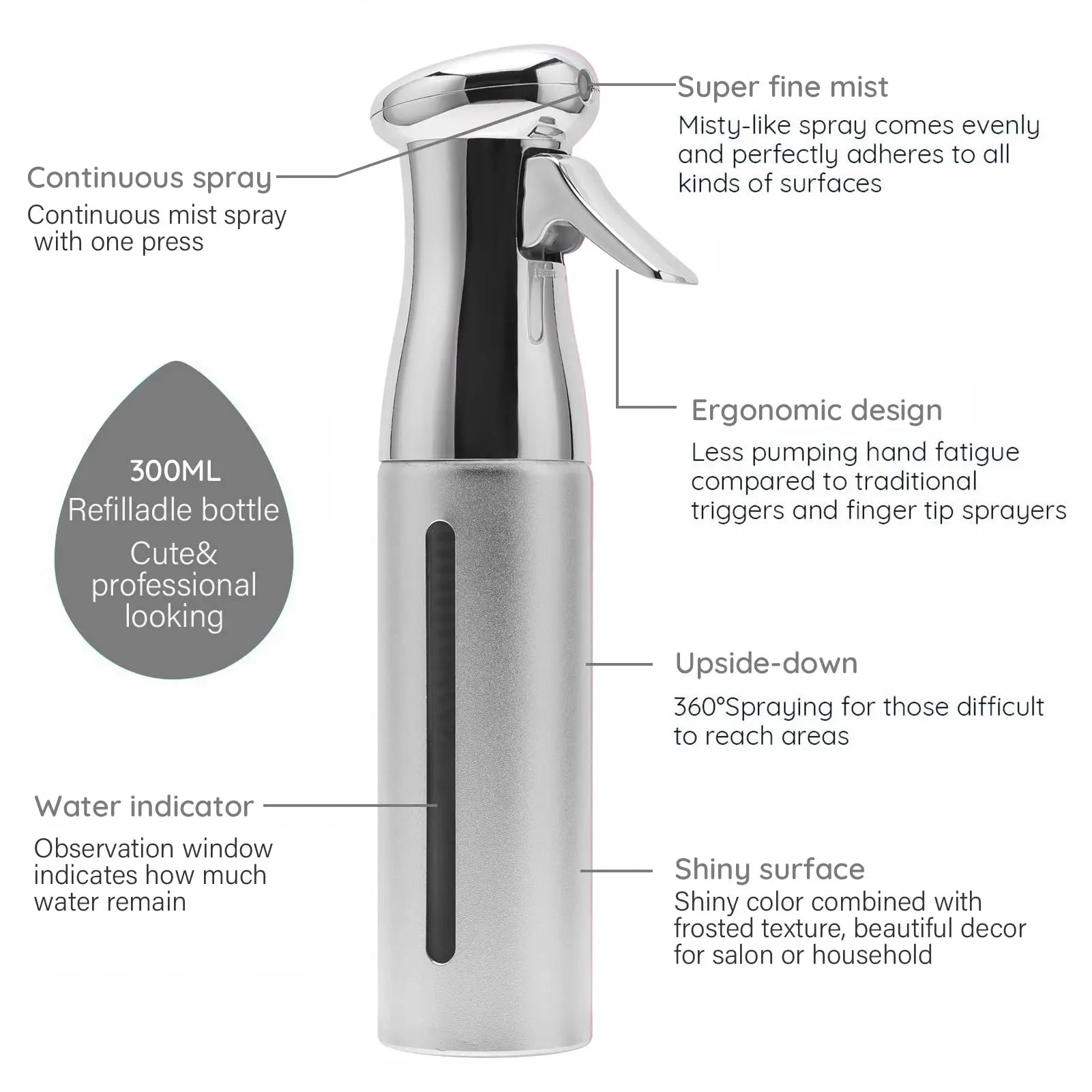 Botella de Spray de salón de 300ML, pulverizador continuo de niebla fina, bote de agua en Aerosol brillante, frasco de belleza para Estilismo
