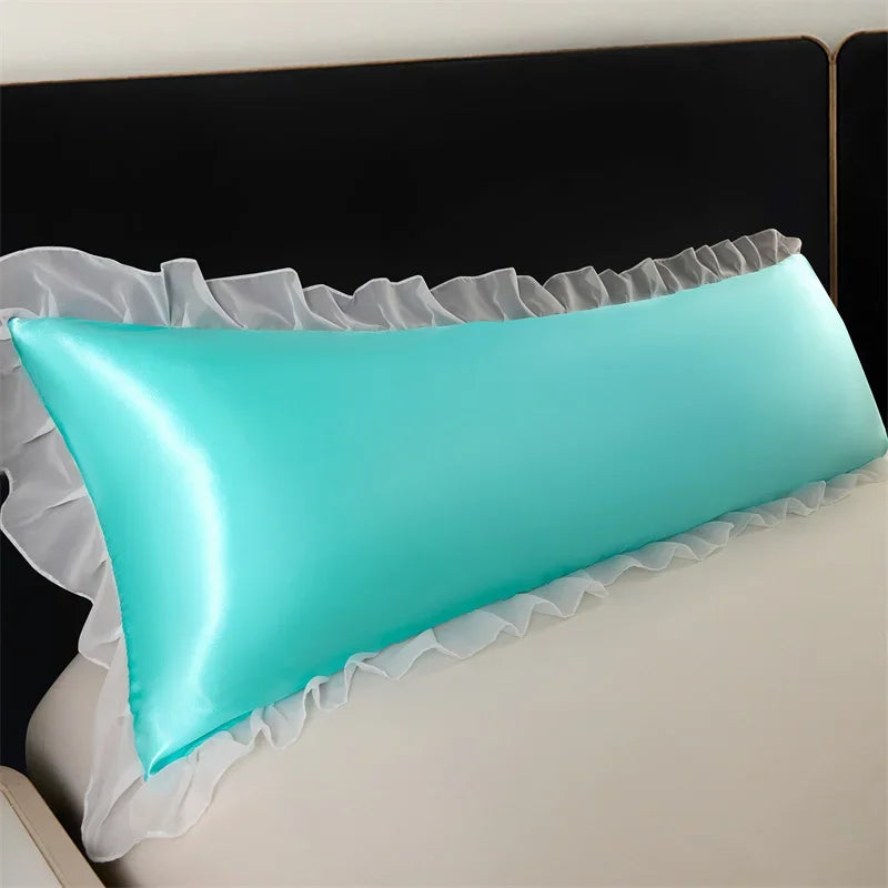 1pc Satin Silk Pillowcase with Ruffles 48x120/150/180cm Double Pillowcase Cover with Lace Smooth Long Pillow Sham for Summer
