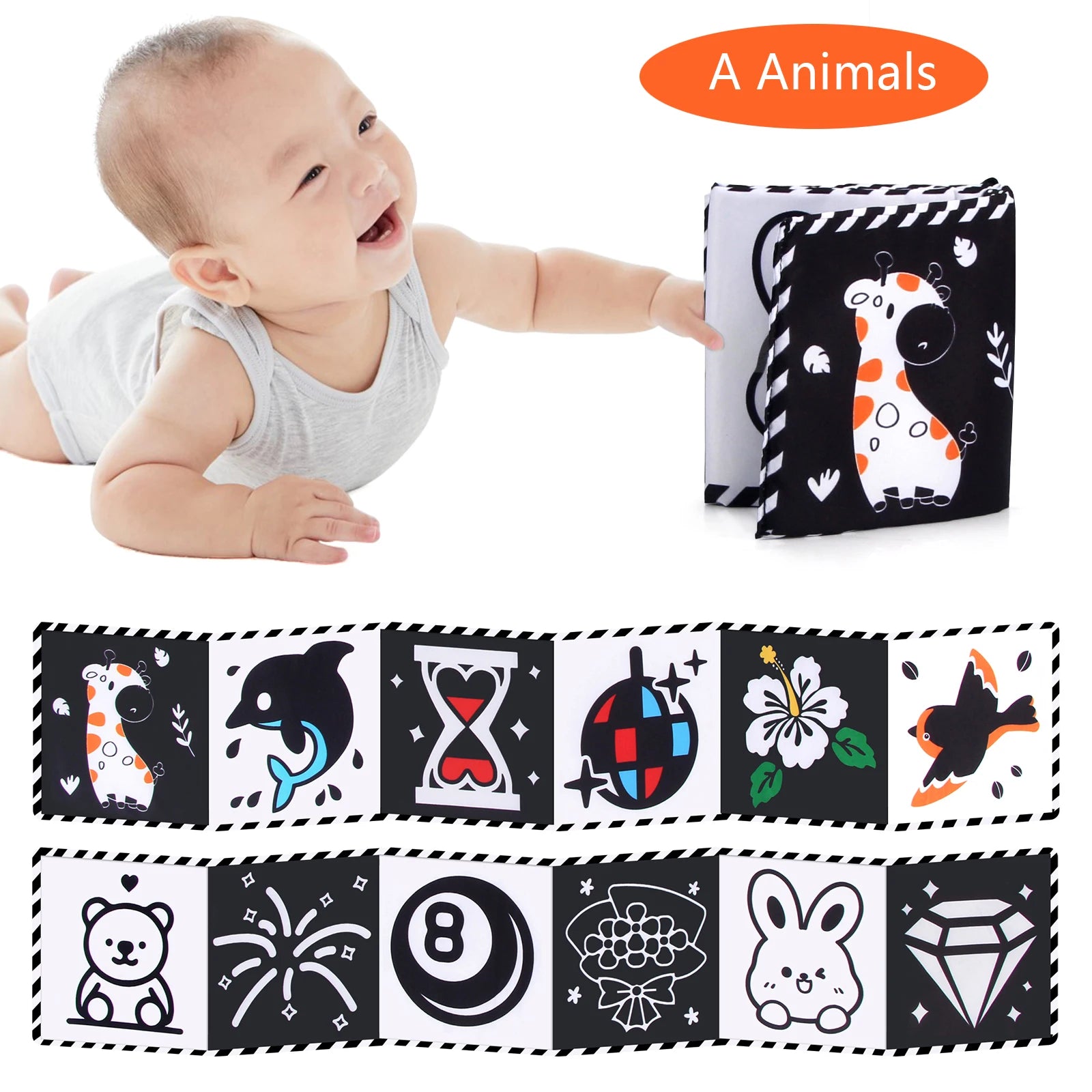 Libro de tela para bebé, juguetes de alto contraste para bebé de 0 a 36 meses, juguetes para cuna para recién nacido, libros de tela sensoriales de animales en blanco y negro, juguetes Montessori