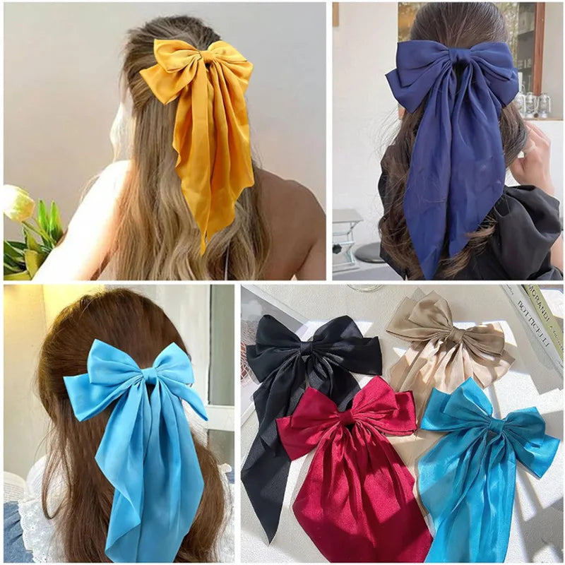 2/3/4/6/12 unids/set satén sedoso cinta con lazo de gran tamaño Clip para el cabello para mujeres pasadores Clips de Metal accesorios estéticos para el cabello