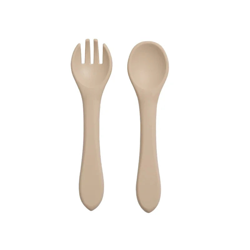 Juego de 2 unidades de tenedor cuchara de entrenamiento de bebé de silicona suave sin BPA, vajilla antideslizante de seguridad para niños, accesorios de alimentación para niños pequeños