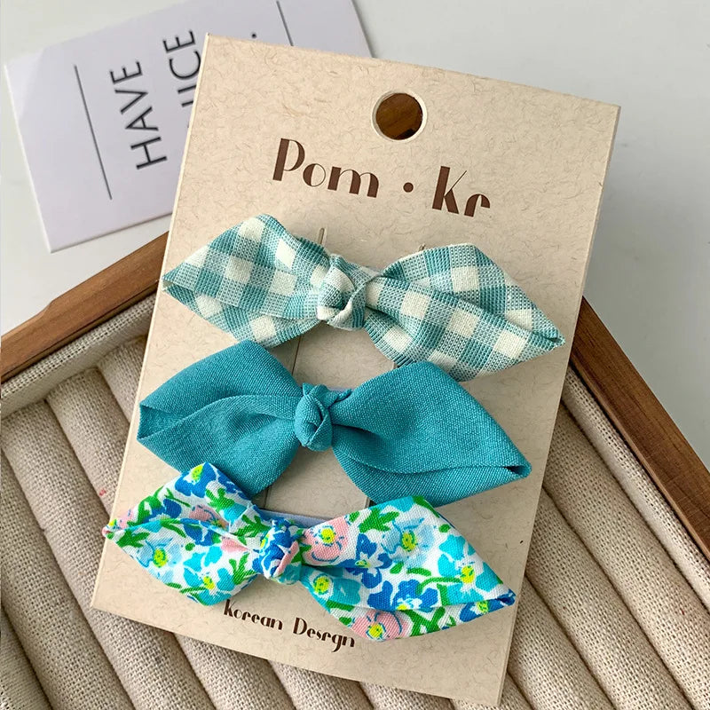 Conjunto de horquillas con lazos bonitos para niñas, flequillo Floral a cuadros, Clip para el cabello, accesorios coreanos para el cabello, tocado dulce para niños, 3 unids/lote