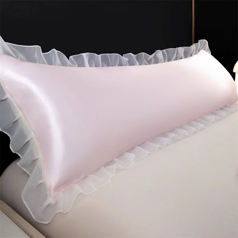 1pc Satin Silk Pillowcase with Ruffles 48x120/150/180cm Double Pillowcase Cover with Lace Smooth Long Pillow Sham for Summer