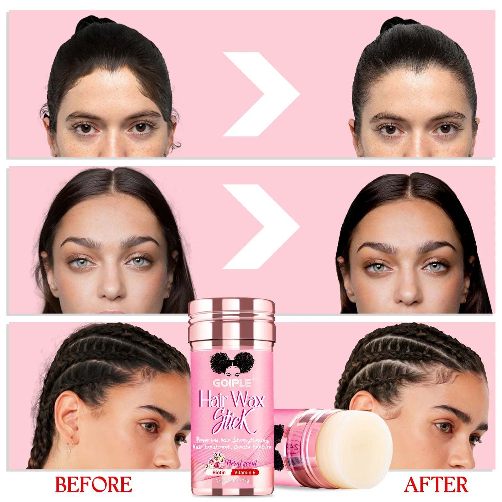 GOIPLE-Juego de peines para el cabello con barra de cera, 75g, sujeción perfecta, acabado para el cabello roto, pomada Tame Flyaways Slick Stick, crema de estilismo con vitamina E