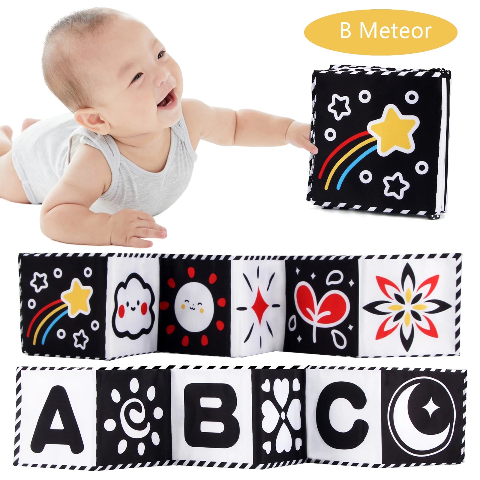 Libro de tela para bebé, juguetes de alto contraste para bebé de 0 a 36 meses, juguetes para cuna para recién nacido, libros de tela sensoriales de animales en blanco y negro, juguetes Montessori
