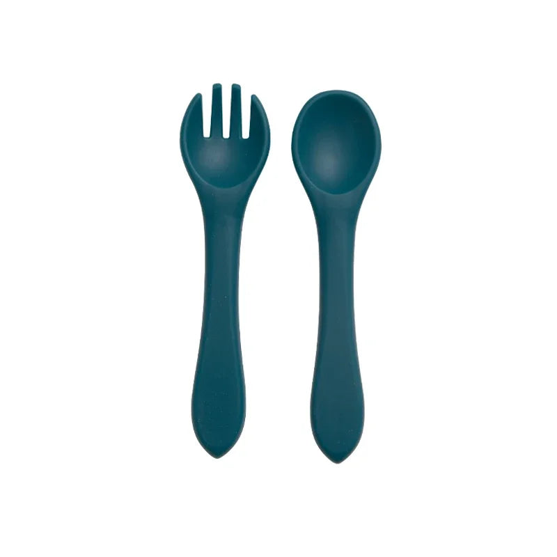 Juego de 2 unidades de tenedor cuchara de entrenamiento de bebé de silicona suave sin BPA, vajilla antideslizante de seguridad para niños, accesorios de alimentación para niños pequeños