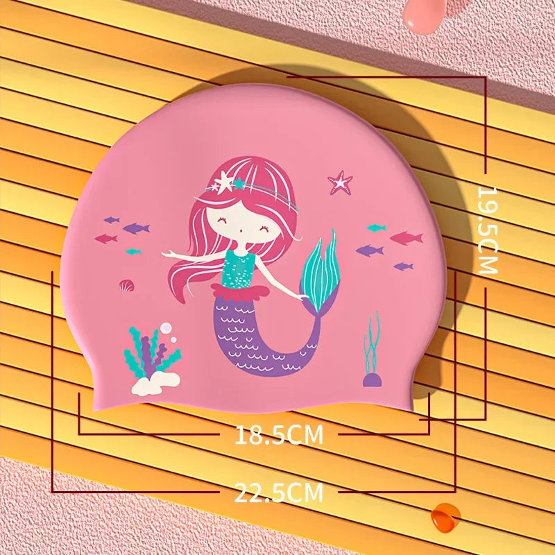 Gorros de natación para niños, protección para los oídos, gorro de natación de silicona suave para niños y niñas, gorro de baño bonito de dibujos animados, accesorios para piscina