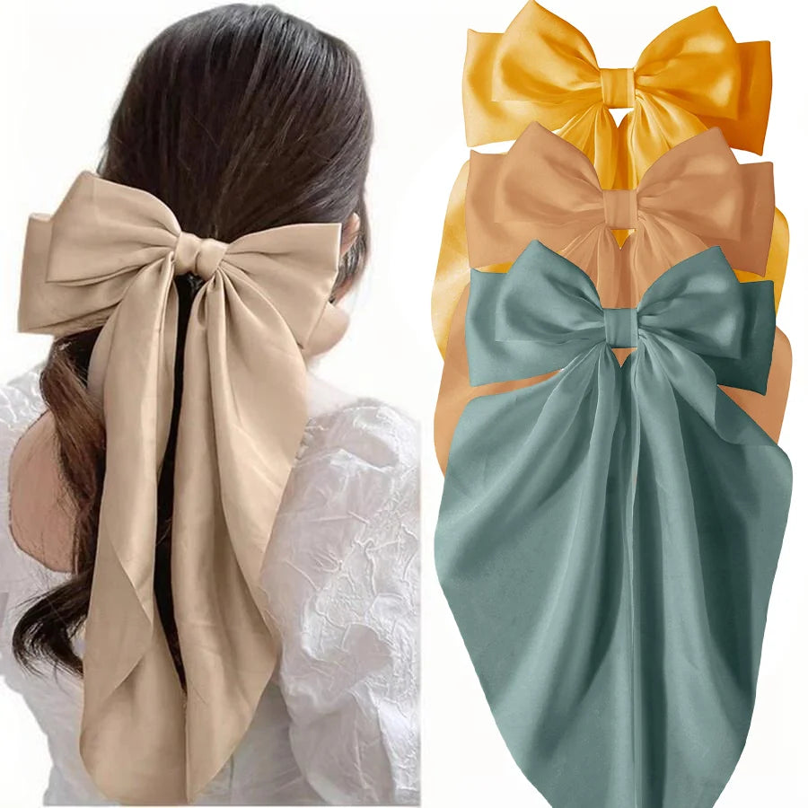 2/3/4/6/12 unids/set satén sedoso cinta con lazo de gran tamaño Clip para el cabello para mujeres pasadores Clips de Metal accesorios estéticos para el cabello