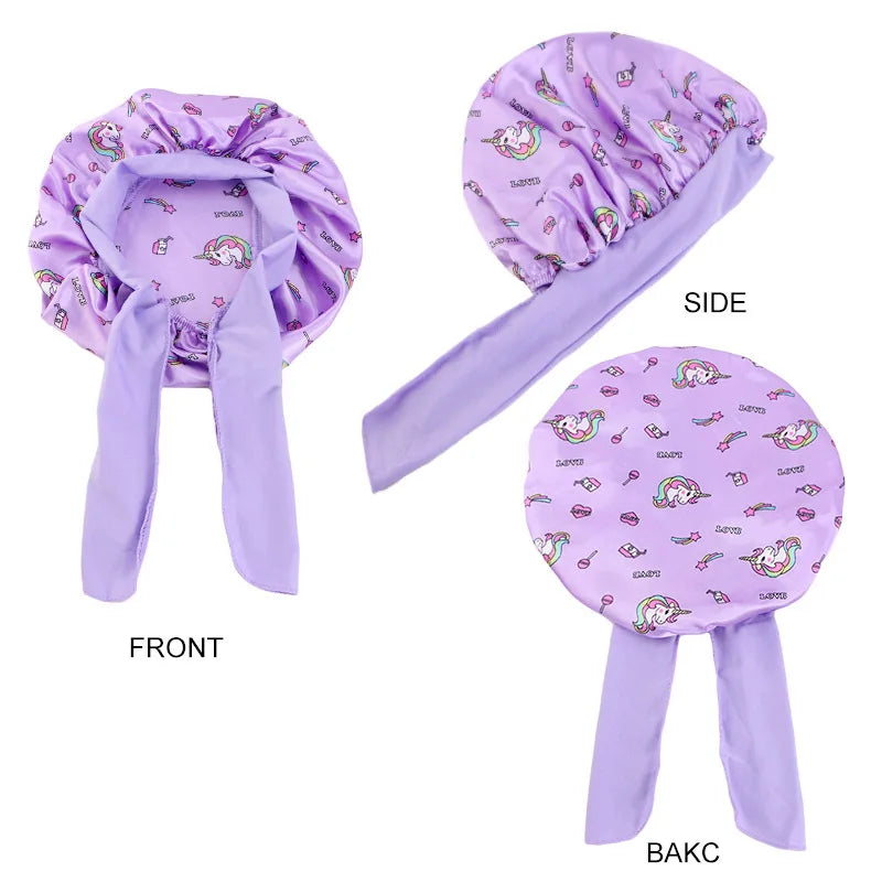 Gorro de dormir con estampado de dibujos animados de arcoíris, gorro de satén para dormir, cuidado del cabello de seda para bebés, gorro de cocina para niños, gorro de seda satinada para dormir en niños pequeños