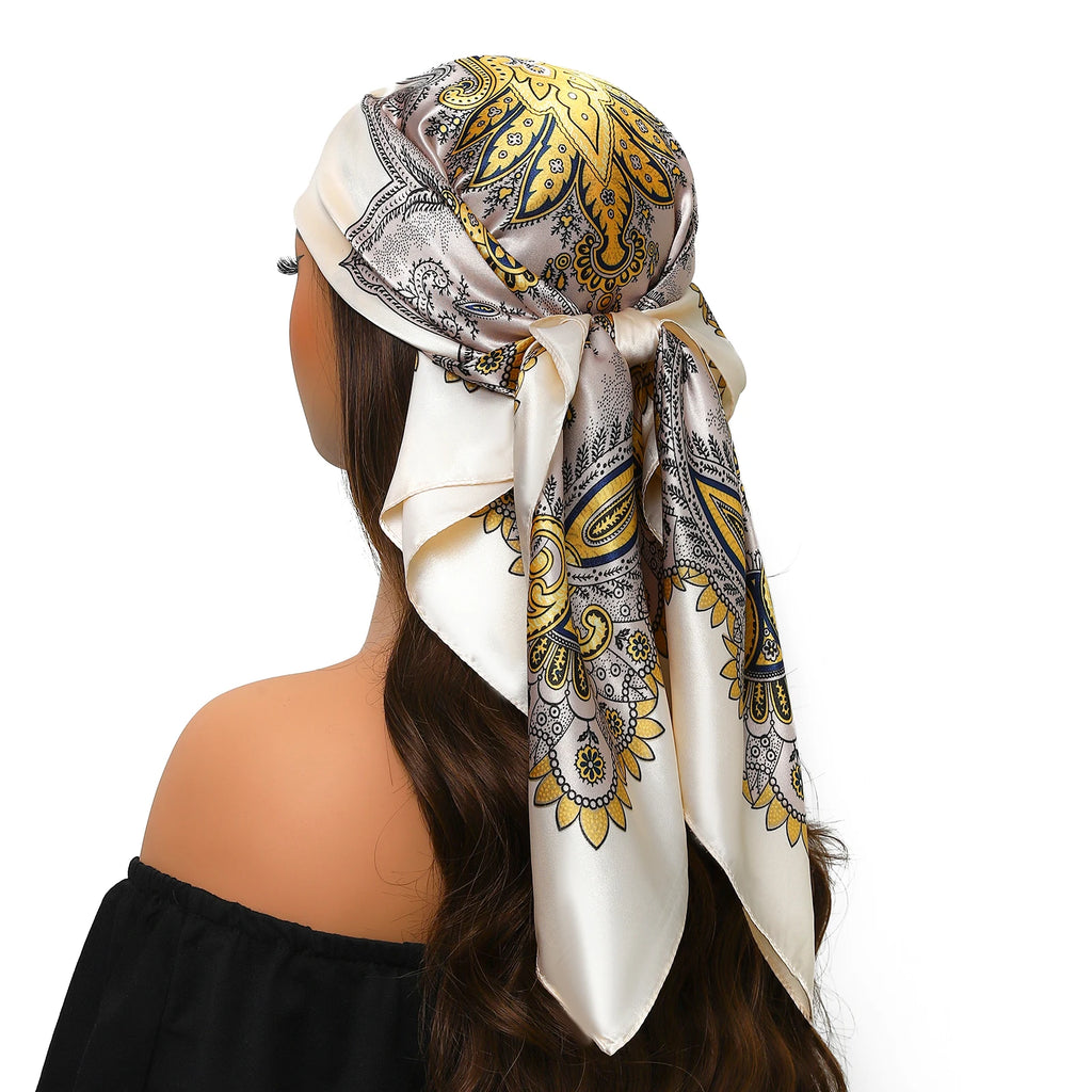 Pañuelo para la cabeza para mujer, marca de lujo, cuadrado, 90x90cm, Foulard de seda, Bandana de satén, pañuelo suave, Hijab, bufandas para el cabello para mujer