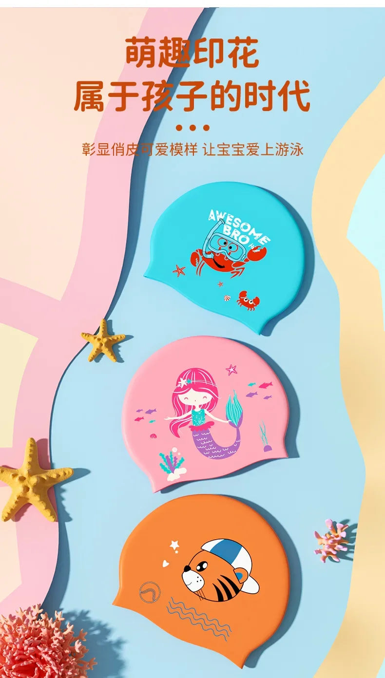 Gorros de natación para niños, protección para los oídos, gorro de natación de silicona suave para niños y niñas, gorro de baño bonito de dibujos animados, accesorios para piscina