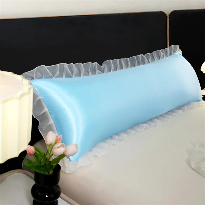 1pc Satin Silk Pillowcase with Ruffles 48x120/150/180cm Double Pillowcase Cover with Lace Smooth Long Pillow Sham for Summer