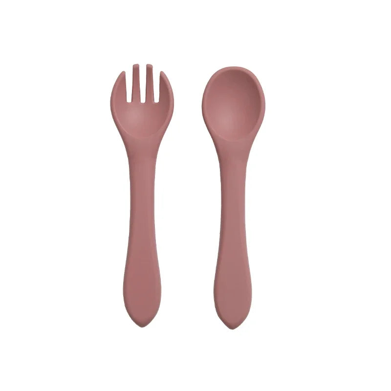 Juego de 2 unidades de tenedor cuchara de entrenamiento de bebé de silicona suave sin BPA, vajilla antideslizante de seguridad para niños, accesorios de alimentación para niños pequeños